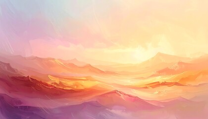 Fototapeta premium An abstract landscape painting in warm hues, featuring a distant mountain range and expansive sky. The image exudes peace and tranquility