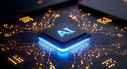Futuristic glowing AI chip for cutting edge technology and innovation in modern artificial intelligence development