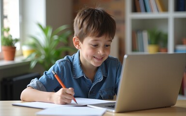 Distance learning online education. A schoolboy boy studies at home and does school homework. A home distance learning. High quality
