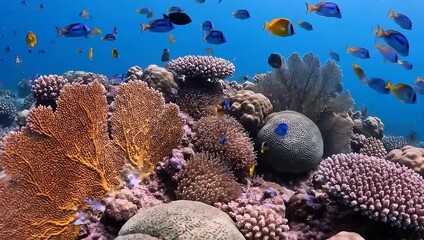 Vibrant Coral Reef Ecosystem Teeming with Tropical Fish Underwater.