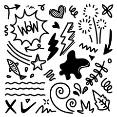 Hand drawn doodle design elements.firework, lightning, arrow, heart, leaves, star and other,