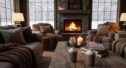 Cozy Winter Cabin Scene with Fireplace Hot Chocolate and Rainy Window