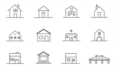 Fototapeta premium Building and real estate thin line icon set bundle. Vector graphics includes house, home, office, factory, hospital, bank, store, bridge, barn. Editable stroke outline icons. High quality