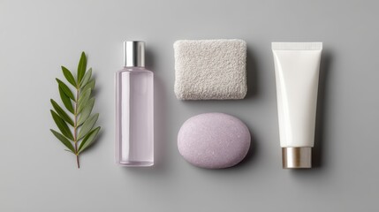 Flat lay of assorted spa and skincare items on gray background, with copy space for branding.