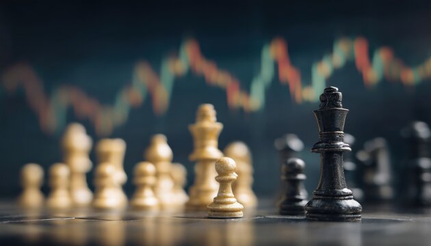 Chess Game Featured On Chess Board Amidst Forex Chart Indicators And Stock Market Graph In Abstract Setting: Showing Financial Data And Digital Marketing Strategy Analysis.