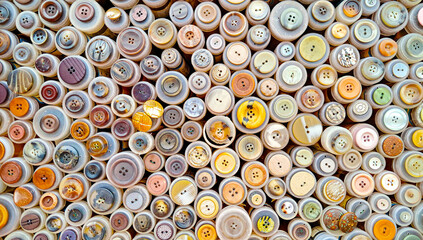 Assorted sewing buttons in various shapes and colors arranged closely as a decorative background