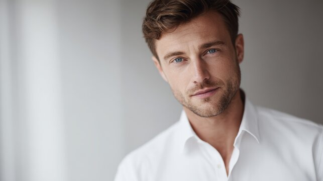 Handsome male professional with piercing blue eyes, dressed in white shirt, poses confidently indoors, conveys success and elegance