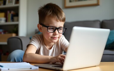 Kid boy with glasses learning at home on laptop for school. Adorable child making homework and using notebook and modern gadgets. Home schooling concept. High quality