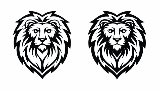 Two black and white lion heads with detailed manes facing forward in a symmetrical arrangement design | editable eps vectors silhouette