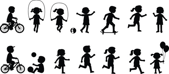 Silhouette children playing, kids running, walking, cycling, skateboarding, jumping rope, balloons, tricycle, ball games, outdoor activity, childhood fun, fitness, exercise, teamwork, friendship