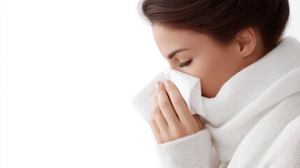 Sick young woman rubbing nose with tissue, coughing and feeling miserable, isolated over clean white background