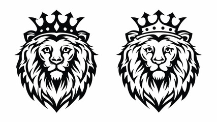 Obraz premium Two lion heads with crowns in black and white vector illustration in a symmetrical composition design | editable eps vectors silhouette