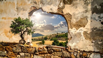 An ancient crumbling wall frames a scenic vista of a sunny sky, rolling hills, and a solitary tree. The composition evokes history