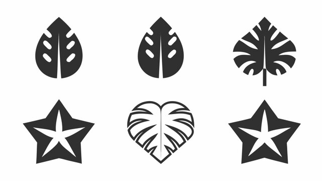 Collection of six stylized black and white icons featuring leaves and stars in a symmetrical arrangement | editable eps vectors silhouette