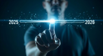 Futuristic progress bar advances from 2025 to 2026 as a hand touches a glowing digital interface.