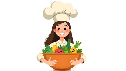 Illustration of a woman holding a basket of fresh fruits and vegetables . World Vegetarian Day