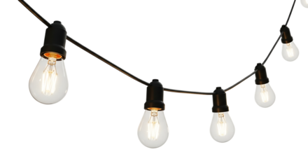 String of Edison bulbs with visible filaments on a string lights, isolated on a white or transparent background, cutout, PNG