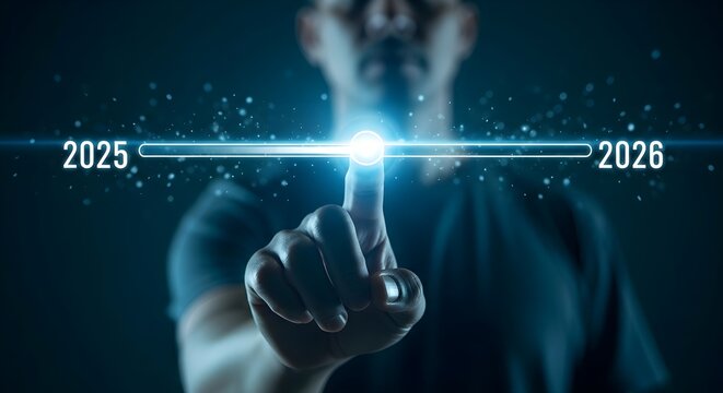 Futuristic progress bar advances from 2025 to 2026 as a hand touches a glowing digital interface.