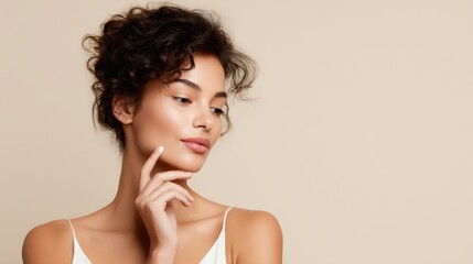 Fototapeta premium Attractive female model in swimsuit showing sunblock on finger while applying to face, standing against plain beige background