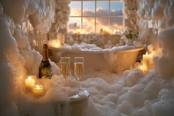 Luxurious bathroom with a bubble-filled bathtub, champagne glasses, lit candles, and a scenic window view, creating a serene and relaxing atmosphere for self-care moments