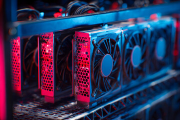 High-performance computer graphics cards with cooling fans illuminated in blue and red light, showcasing advanced technology in a modern digital environment