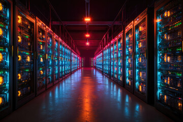 Fototapeta premium High-tech data center with rows of illuminated server racks, showcasing vibrant blue and orange lights, creating a futuristic atmosphere in a modern computing environment