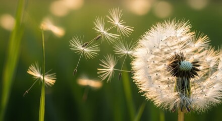 Dandelion clock in a field with the soft sunlight and green background
