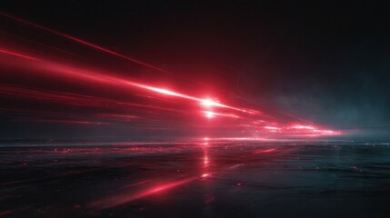 Sci-fi visualization of moving red energy rays and light flares reflecting on metallic surfaces in dark atmosphere
