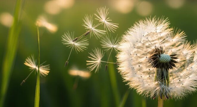 Dandelion clock seeds dispersing in the bright summer field for an uplifting banner.