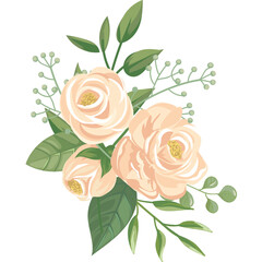 Fototapeta premium Delicate Peach Roses Floral Arrangement with Green Leaves and Buds Soft Pastel Colors Transparent Background Elegant Botanical Design for Decoration and Crafting