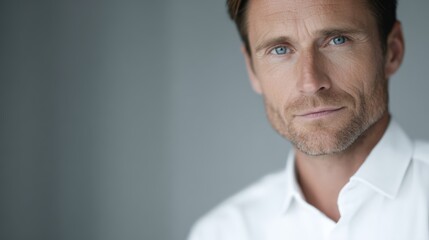 Successful businessman with blue eyes, wearing white shirt, looking directly at camera, poses with confidence and poise indoors