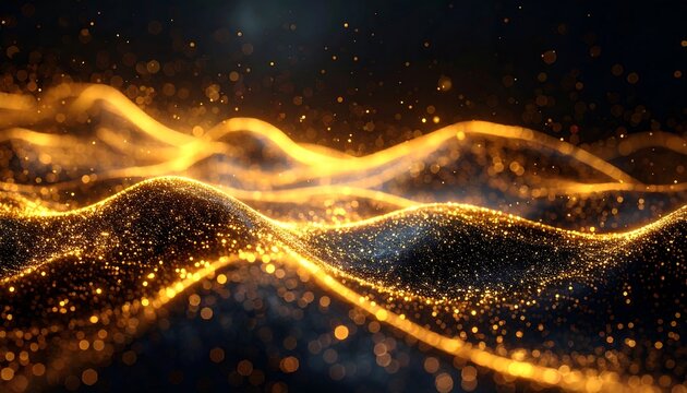 Abstract rendering shows undulating, golden-hued energy waves over a dark background. Tiny points of light sparkle and illuminate the scene