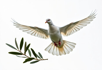 Obraz premium white dove in flight on a white background with an olive branch