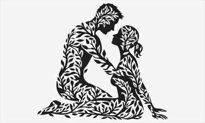 Elegant vector art of a romantic couple intertwined with nature, symbolizing love, growth, and harmony. The design blends human forms with leaves and trees, perfect for tattoos, wall art .