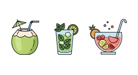 Set of refreshing summer cocktails coconut mojito and punch bowl icons.