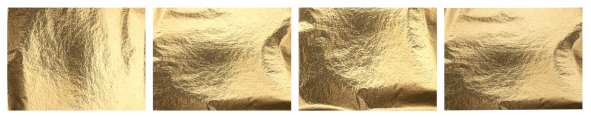 Foil texture collection, shiny metallic surface with crinkled copper, brass and golden tones.
