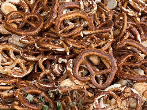 a pile of old pretzels, rolls, and bread donated by the catering industry as animal feed for the fallow deer