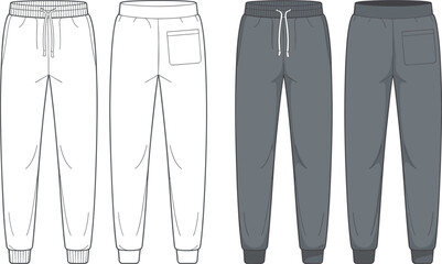 Technical flat sketches and colored renders of men's fleece sweatpants with elasticated cuffs and drawstring, ideal for activewear and casual fashion design. © Hadi