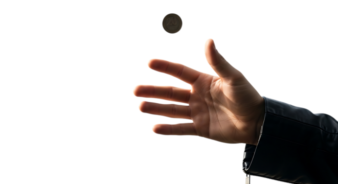 Human hand tossing a coin in the air with a dark background flipping, isolated on a white or transparent background, cutout, PNG