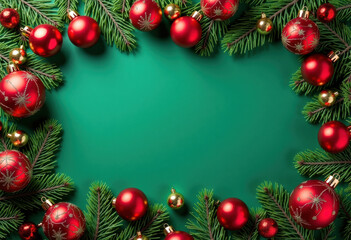 Merry Christmas and Happy Holidays greeting card, frame, banner. New Year. Noel. Red and golden Christmas ornaments on green background top view. Winter holiday xmas theme. Flat lay.