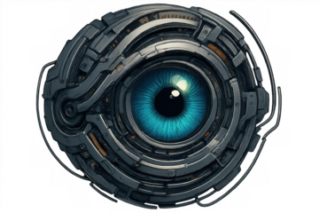 Futuristic robot eye with blue iris, artificial intelligence, bionic technology, cybernetics and surveillance concept