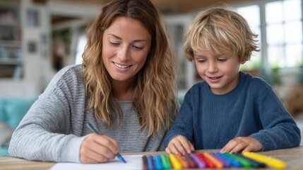 Obraz premium A mother and her young son are happily drawing together at home, showcasing creativity and bonding in a cozy environment.