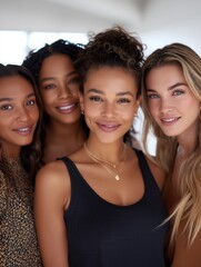 Fototapeta premium Four women of different ethnicities smiling together in a bright, modern indoor space. The mood is joyful and friendly, showcasing diversity and unity.