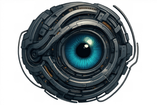Futuristic robot eye with blue iris, artificial intelligence, bionic technology, cybernetics and surveillance concept
