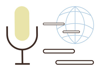 Large microphone with floating text lines and globe wireframe. Ideal for communication, multilingual interaction, podcasting, speech recognition, remote work, voice assistance, global outreach
