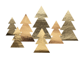 Golden fir tree forest, elegant metallic ornament with glossy brass and copper tones and shimmering