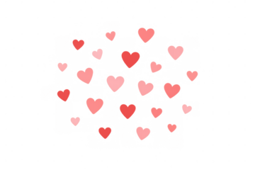 Red and pink watercolor hearts floating in an abstract love pattern on a transparent background