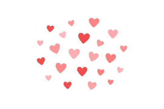 Red and pink watercolor hearts floating in an abstract love pattern on a transparent background