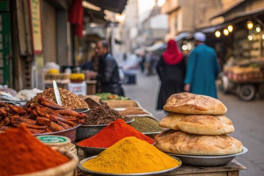 Explore the vibrant spices and fresh bread at a bustling Middle Eastern street market, a feast for the senses and a glimpse into local culture