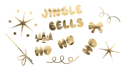 Jingle bells ho ho ho text with golden star and bow, shiny metallic ornament in copper tones with